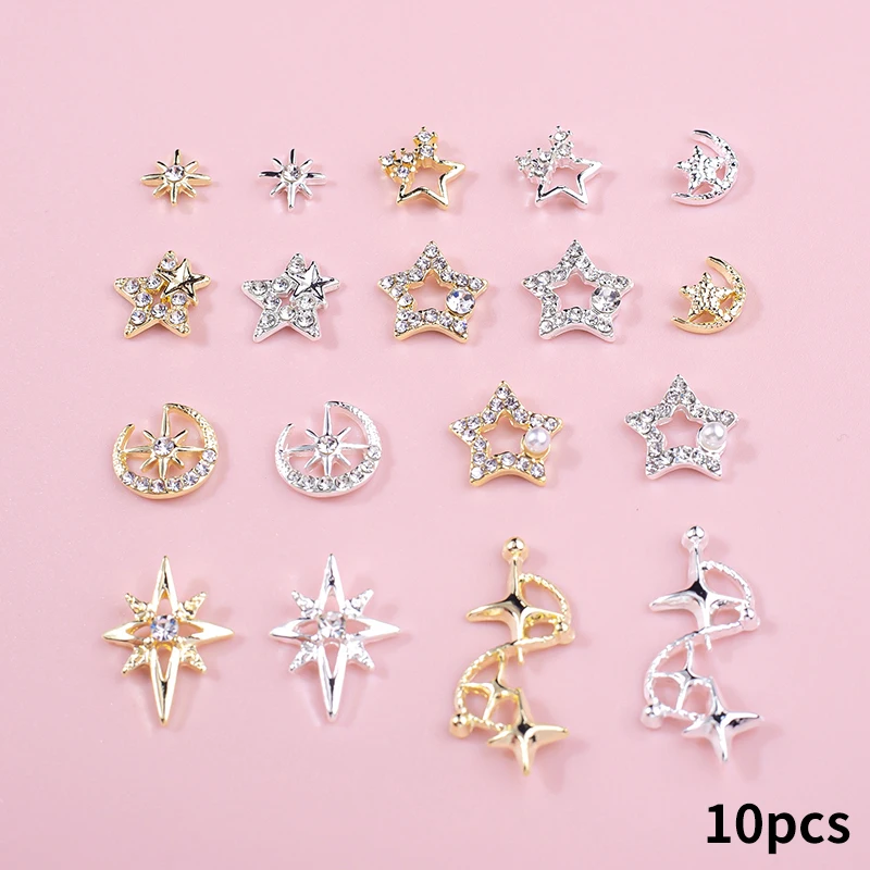 10 pçs 3d metal oco pentagrama estrelas cristal encantos de unhas estrela de cinco pontas strass unhas arte decorações jóias manicure