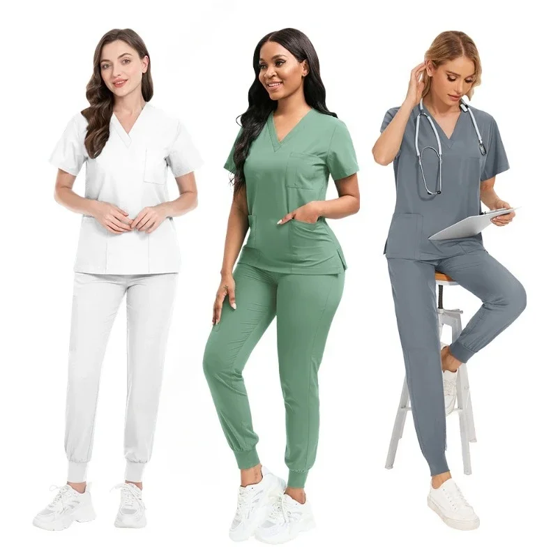 LOGO personalizzabile Scrubs Set uniformi mediche Stretch Scrub top pantaloni uniforme da infermiera tuta chirurgica da medico abbigliamento da lavoro di bellezza