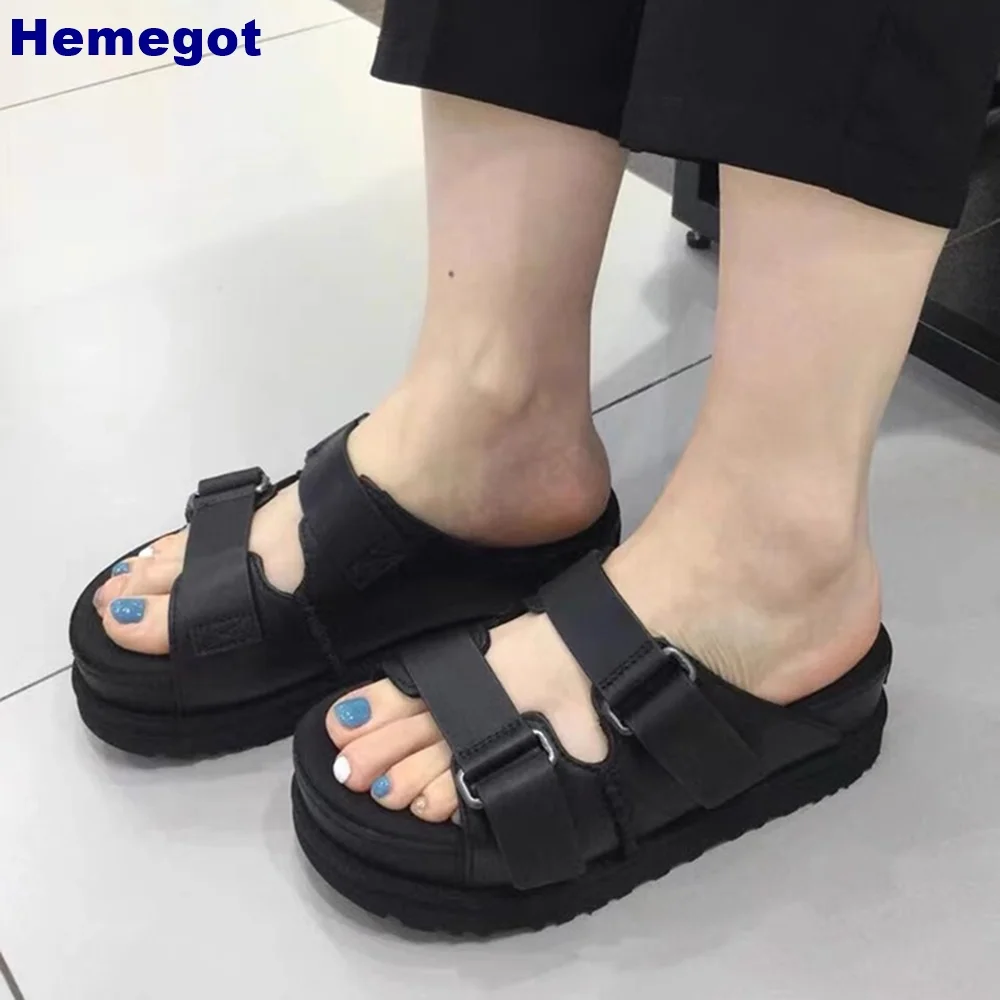 Platforma Prawdziwa skóra Hook & Loop Slides Outdoor Casual Beach Slippers Summer Seaside Slip On Solid Color Fashion for Women