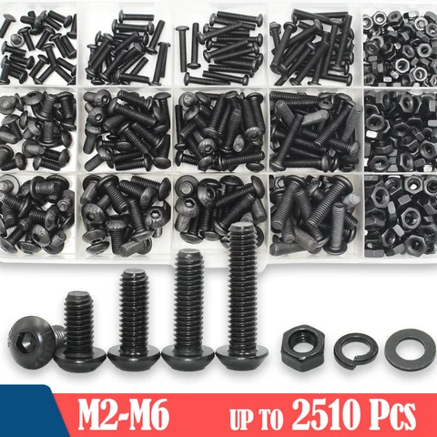 2510p Round Hex Cap Screw Kit M2 M2.5 M3 M4 M5 M6 Black 10.9 Grade Socket Button Head Allen Drive Screws Bolt Nut Washer ISO7380