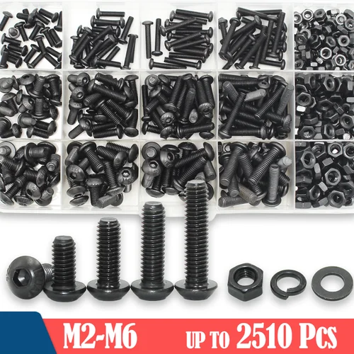 Imagen 1 del producto Kit de tornillos de cabeza hexagonal redonda 2510p M2 M2.5 M3 M4 M5 M6 negro 10,9 grado cabeza de botón Allen tornillos de accionamiento perno tuerca arandela ISO7380