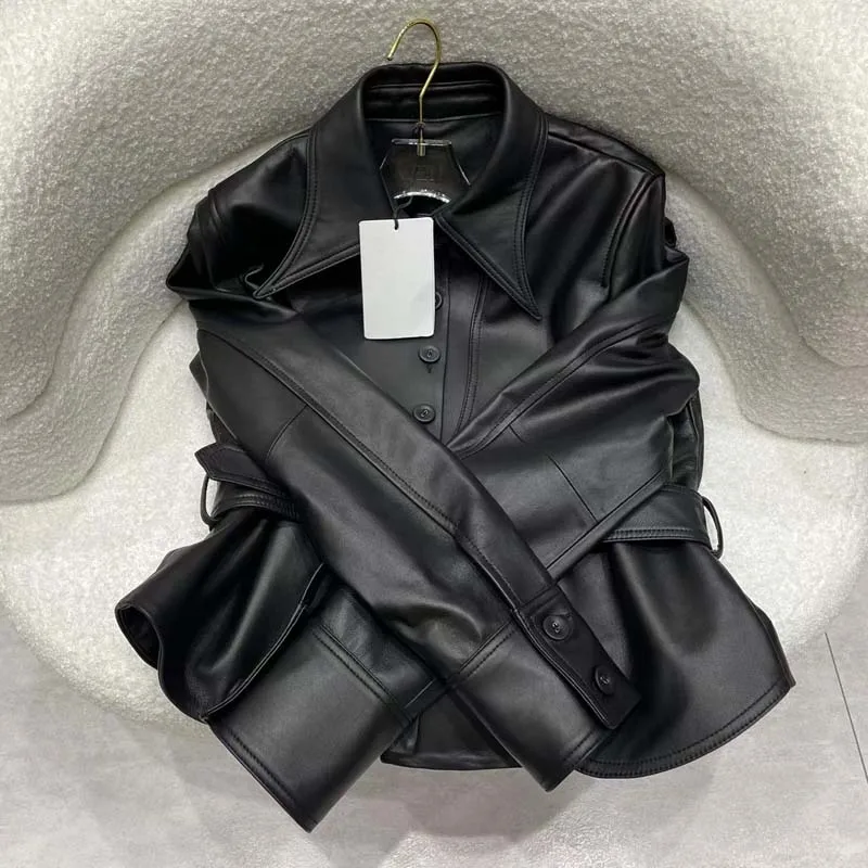 Genuine Leather Jacket Short Turn-Down Collar Clothes With Belt New Fashion Women Coat Spring Delicate And Soft Sheepskin