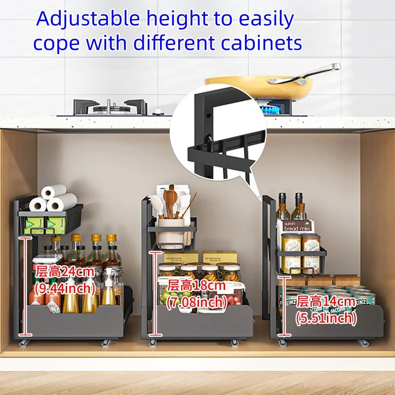 2 Tier Sliding Drawer Kitchen Spice Jar Storage Rack Adjustable Pull-out Sink Organizer Spice Jar Storage Rack Cabinet Rack 4