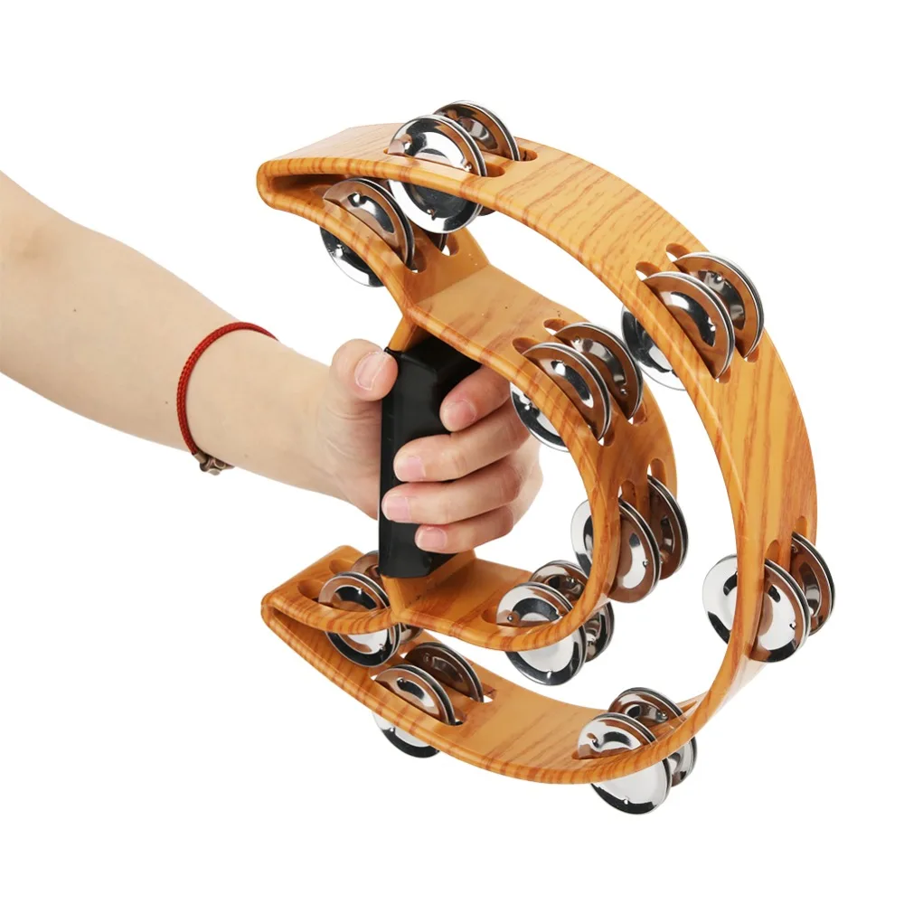 Double Row 20 Pairs Jingles Double Row Tambourine Metal+Plastic Wood Color Percussion Instrument Handbell Tambourine Party Games