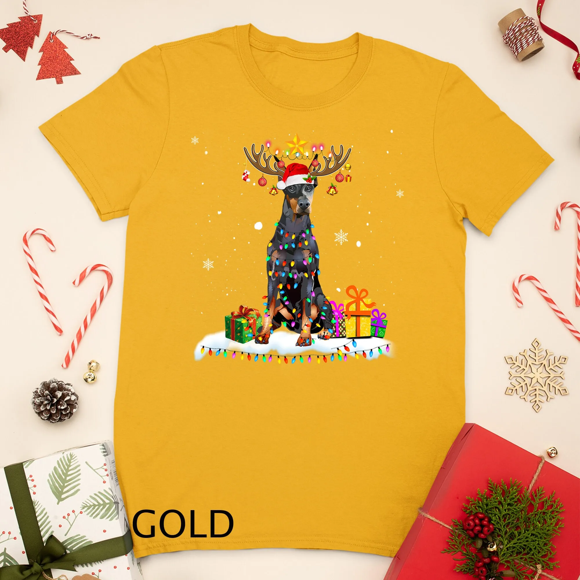 Doberman Pinscher Christmas T Shirt Reindeer Lights Sweat