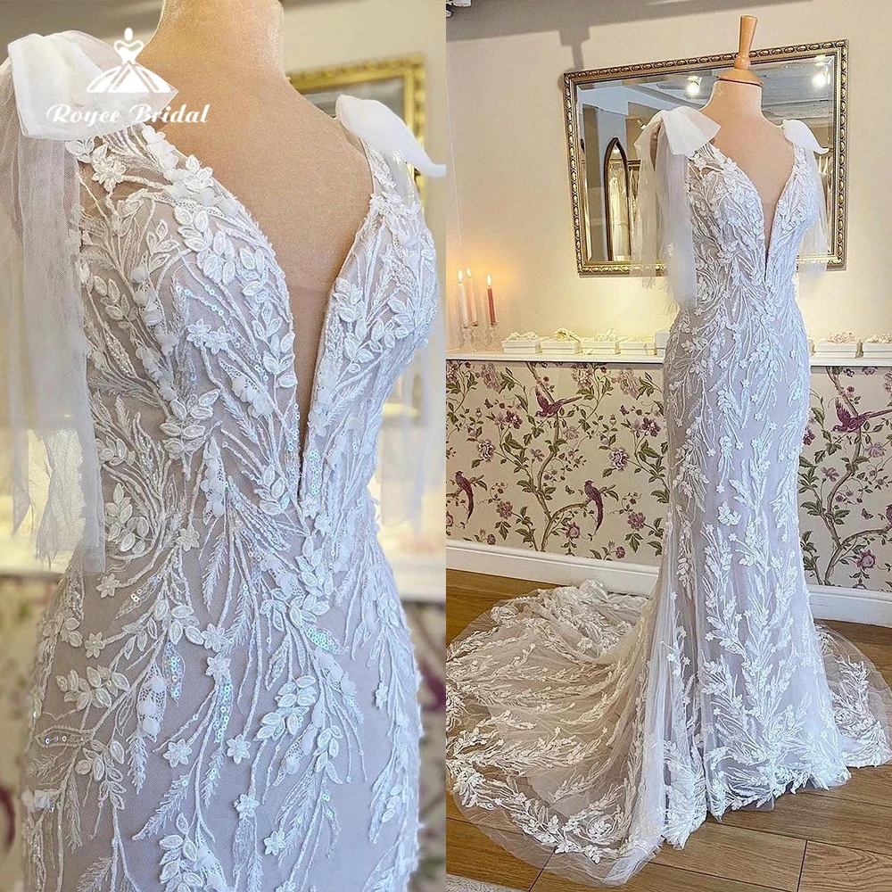 Luxury Lace Mermaid Wedding Dresses 2023 Sexy Deep V Neck Vestidos Civil Appliques Bow Bridal Gown For Women Boho Robe De Mariée