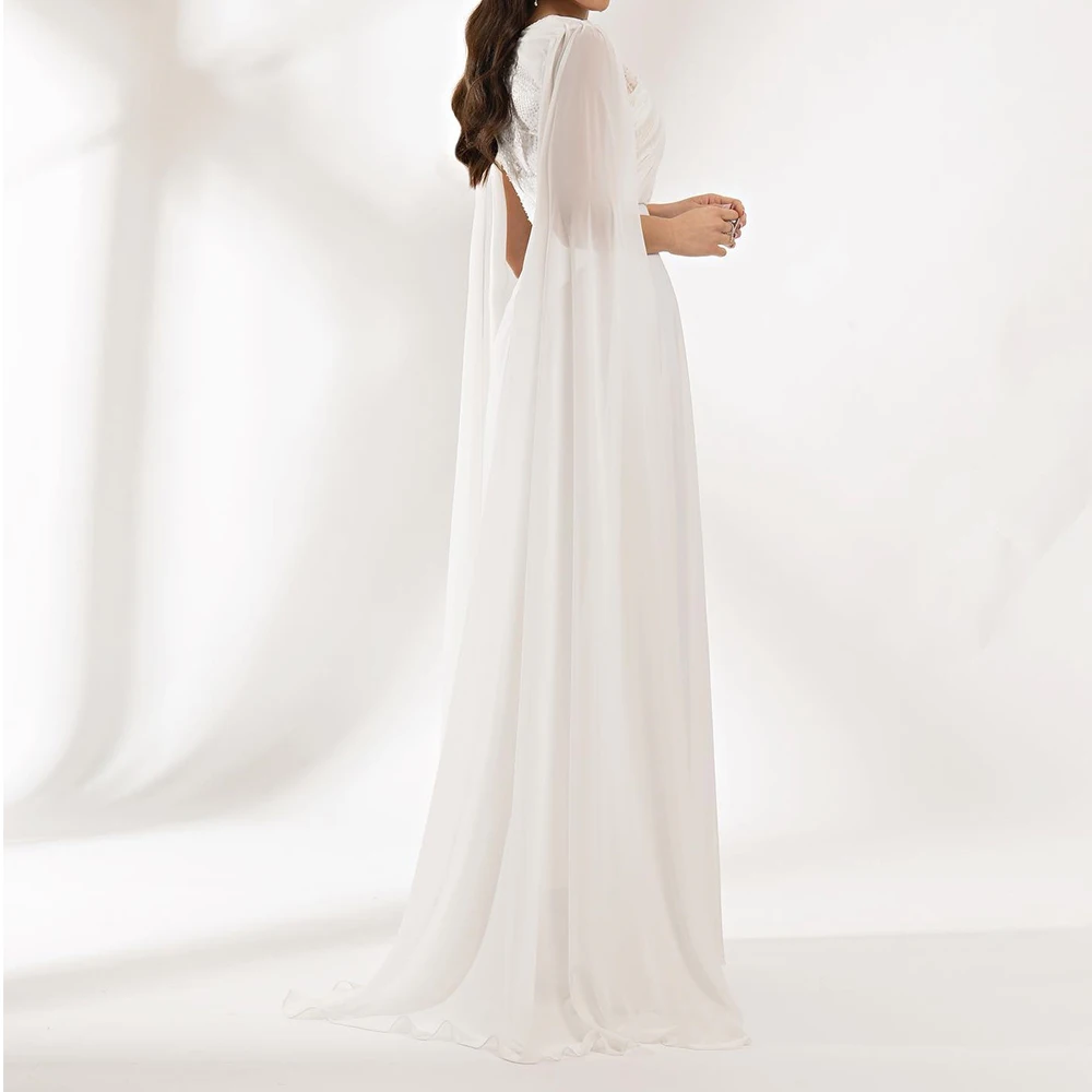 Customized Chiffon Straight Cap Sleeve Crystal Evening Dress Floor Length O-neck Sleeveless Watteau Train White Exquisite