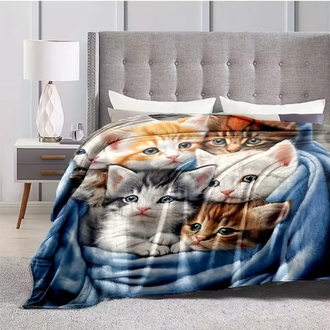 1pc Black Blanket Lovely Cat Printed for Home Living Room Bedroom Decoration New Year Christmas Gift Birthday Gift