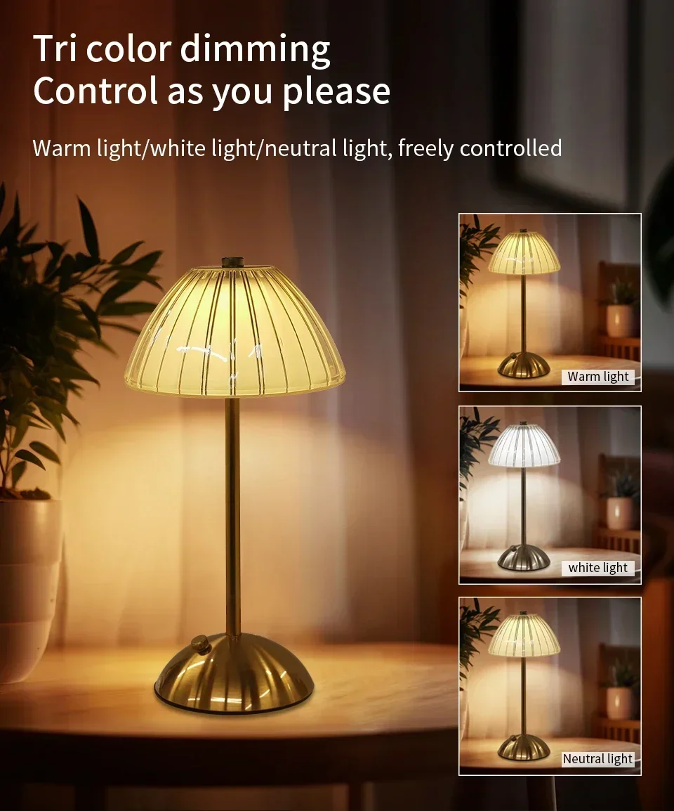 Rechargeable Touch Table Lamp 3 Colors Dimmable Artificial Crystal Lamp Portable Night Light for Bedroom Living Room Restaurant