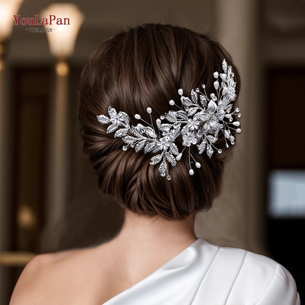 

YouLaPan Silver Color Alloy Leaf Wedding Hair Piece Elegant Women Alloy Flower Bride Headwear Pearl Hair Accessories HP683