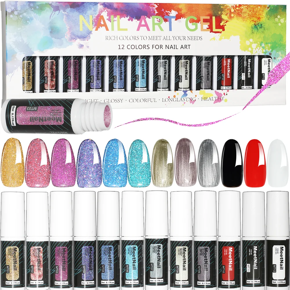 12 Colors Nail Art Gel Liner Polish Set Reflective Glitter Soak off UV Gel Nail Polish Kit Manicure Gifts for Women