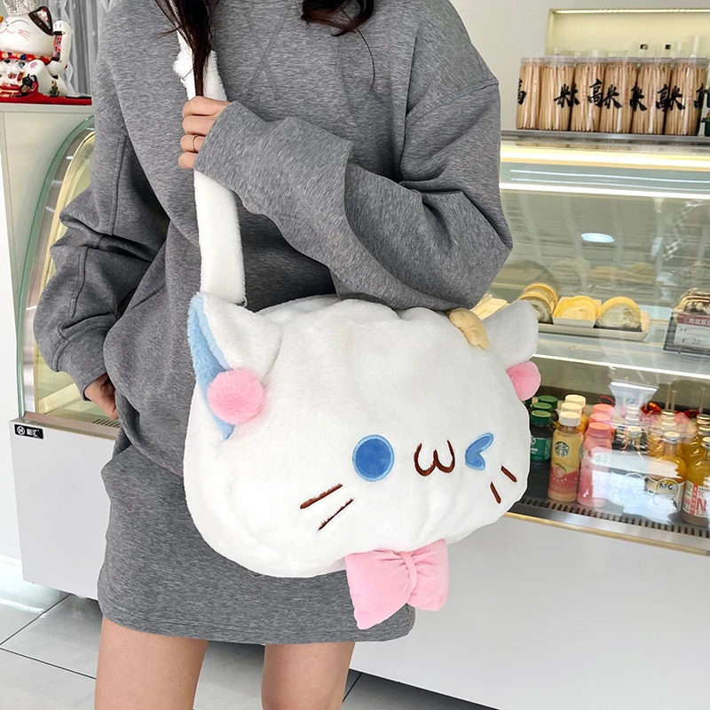 Cute Soft Plush Shoulder Bags Embroidery Cat Face Design Girls Crossbody Bags College Student Kawaii Cartoon Furry Backpacks