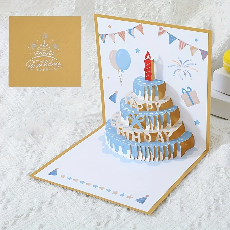 1-teilige Geburtstags-Grußkarte im 3D-Kuchen-Design mit farbenfrohem und niedlichem Pop-Up-Stil, perfekt für Geschenke und inklusive Umschlag. – Detail 5
