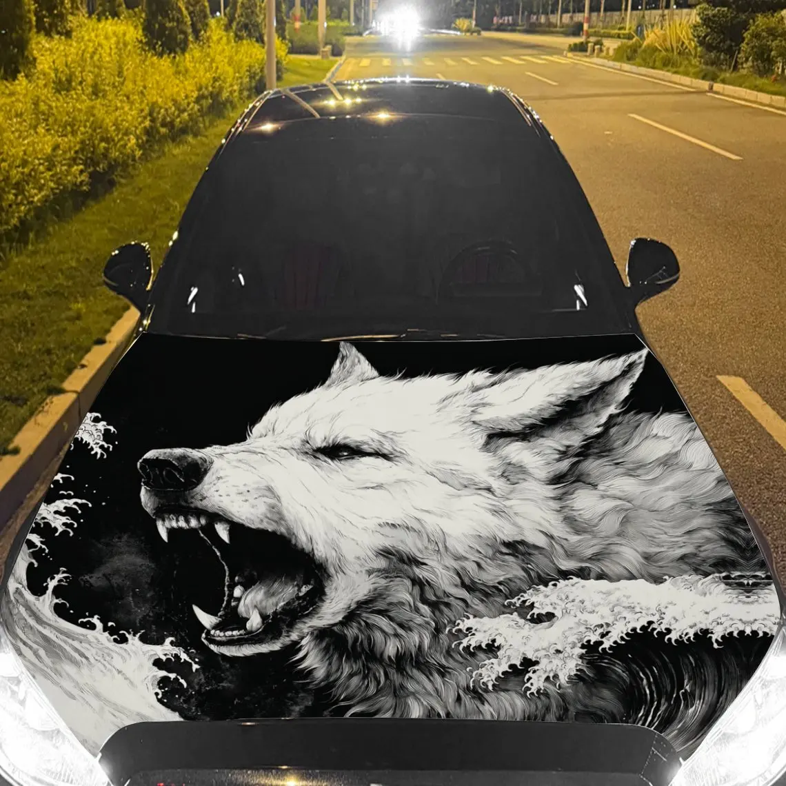 

Roaring Waves and White Wolf Car Vinyl Wrap, PVC Material Waterproof Car Hood Sticker, Self-Adhesive Scratch-Resistant Stickers