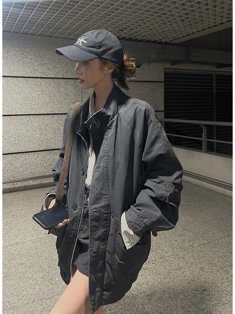 

JMWomen Heavyweight 3D Pleated Sve Denim Jaet Women's Spring Autumn Light ey Cotton Blend Street Sle Loose Fit