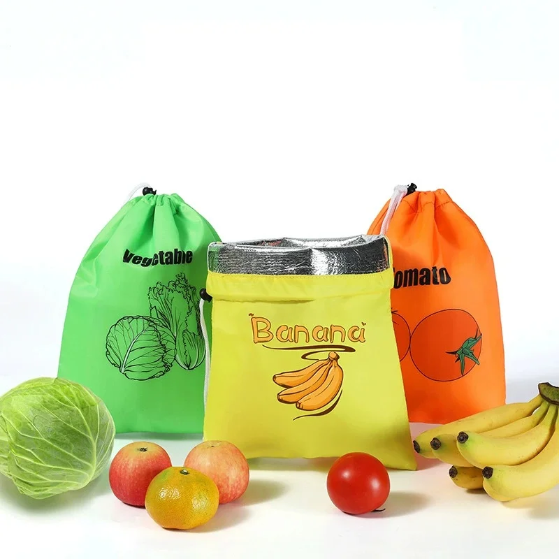 1pc Fruit Vegetables Storage Bag Drawstring Bag for Refrigerator Freshness Travel Storage Insulated Aluminum Film Bag