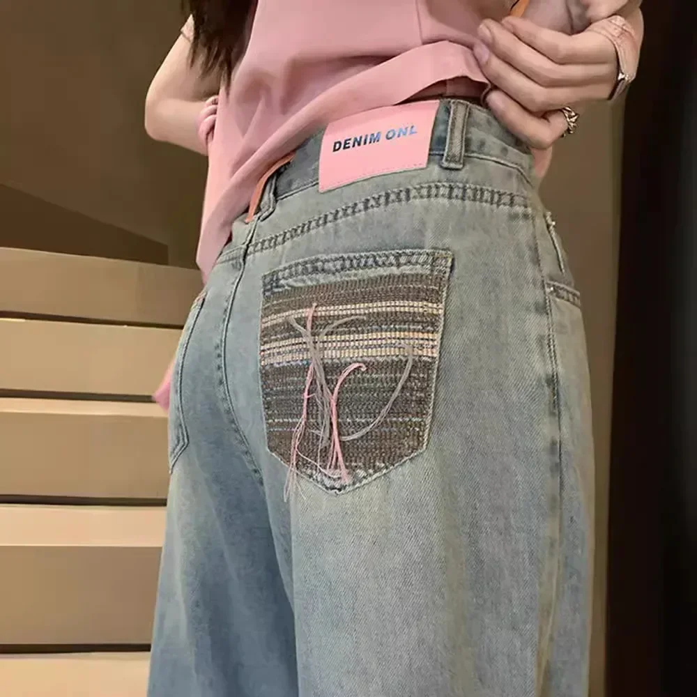 Novo design sentido cor clara nicho cintura alta drapeado jeans macios versão coreana calças retas finas femininas