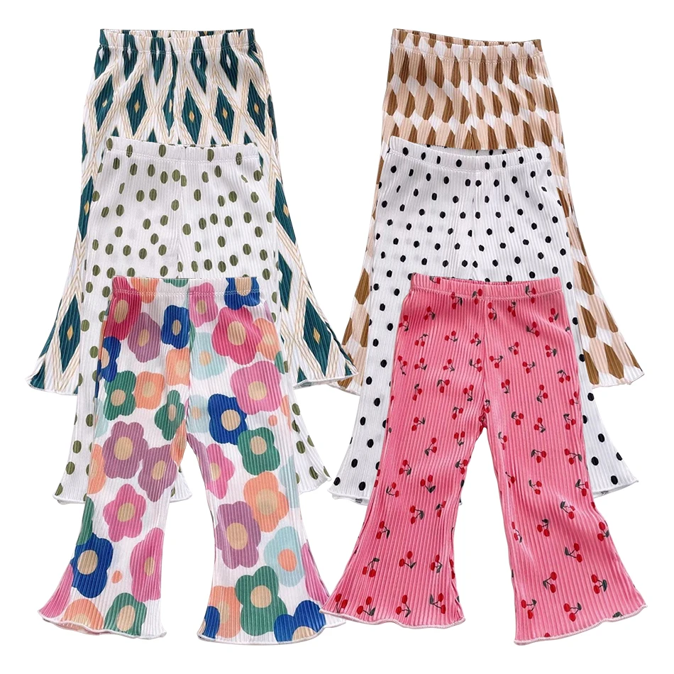 Calça com bainha de sino para meninas, floral leve, bolinhas, chique e confortável, adequada para dias de verão e noite