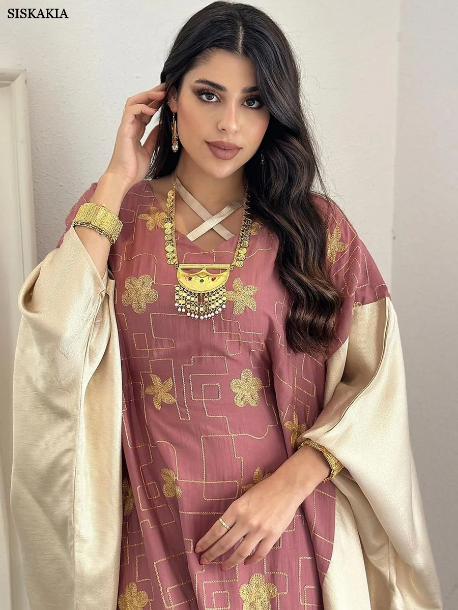 Siskakia Arab Dubai Fashion Floral Embroidery Long Dresses Moroccan Kaftan Casual Contrast Color Batwing Sleeve Abaya For Women