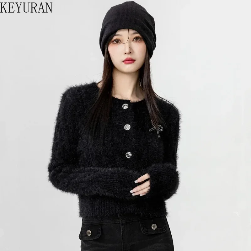 2024 Autumn Winter New Black Mohair Sweater Coat Women\'s Korean Fashion O-Neck Long Sleeve Bow Knitted Cardigan Cropped Tops