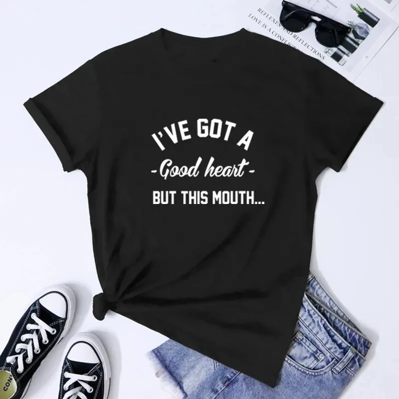 I Have A Good Heart But This Mouth T-shirt Satire Adult T-shirt Satire Humor Funny T-shirt Gift Graphic T Shirts Women Clothing