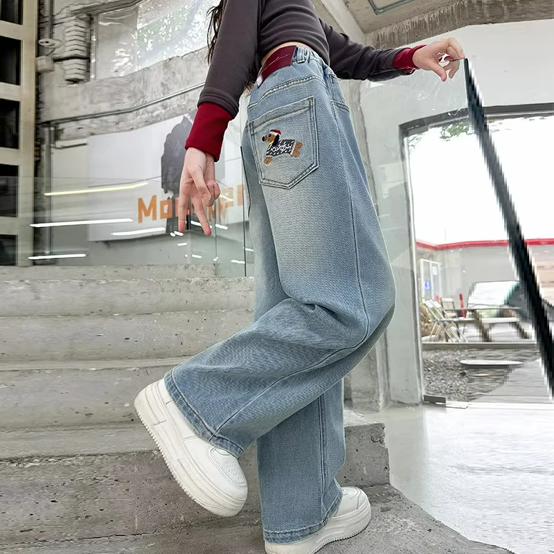 Teenager Girl New Spring Fashion Denim Pants Korean Children Loose Fit Jeans For Kids Casual Straight Cut Jeans Trousers 4-14Y