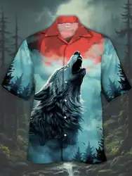 2024 Eye-Catching Ukiyoe Black Lion And Cross 3D Printing Wolf Painting  Short Sleeve Shirts For Men Fashion Hawaiian Shirt