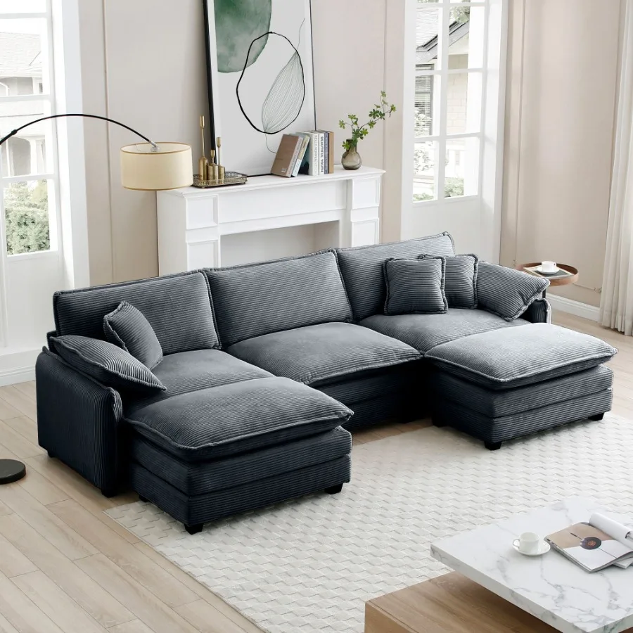 

Oversized modular cushioned sofa with conversible man 3seater sofa with 2 footstools U shape sofa inGrey corduroy fabric