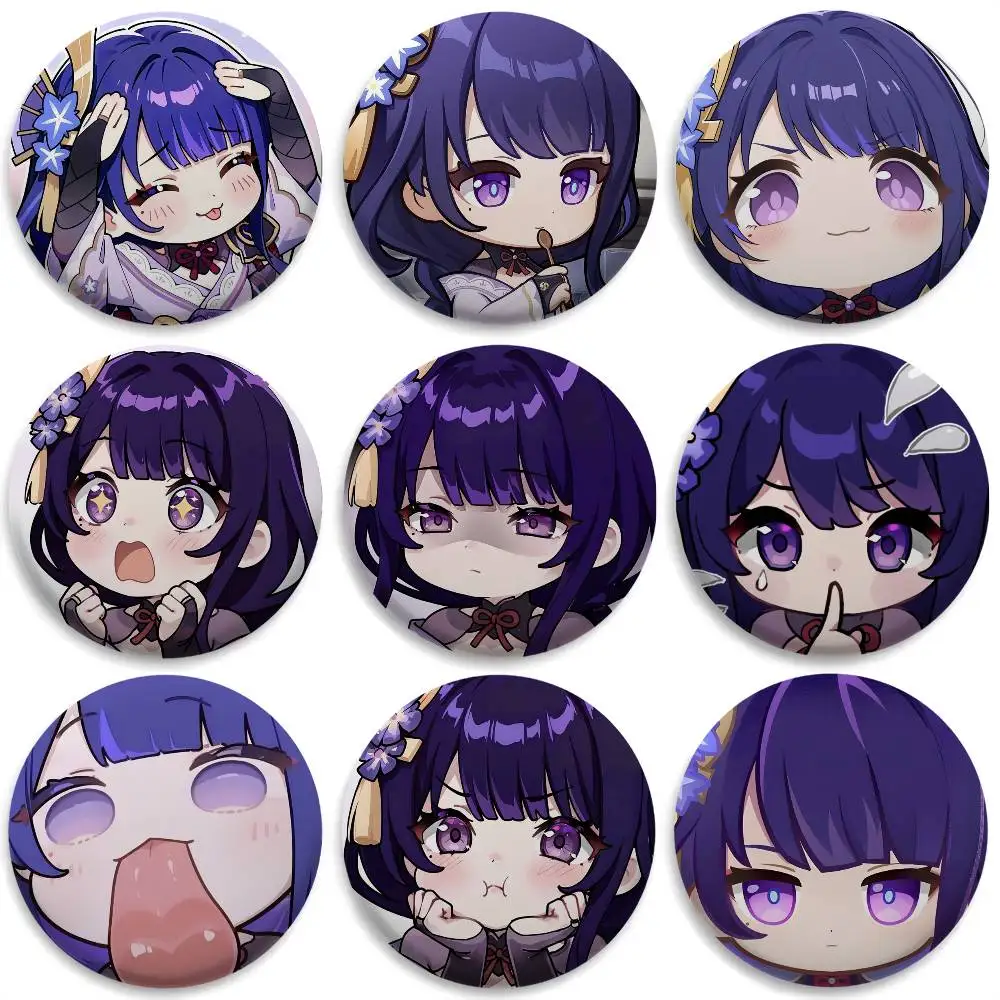 Raiden Shogun-insignias Genshin bonitas, broches redondos exquisitos, pines creativos para ropa, sombrero, mochila, accesorios de regalo