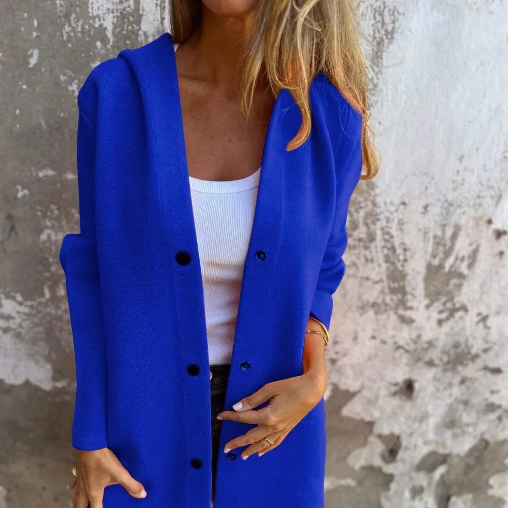 Cardigan casual com gola redonda, manga longa, tubo reto, sem decoração, malhas femininas com frente aberta