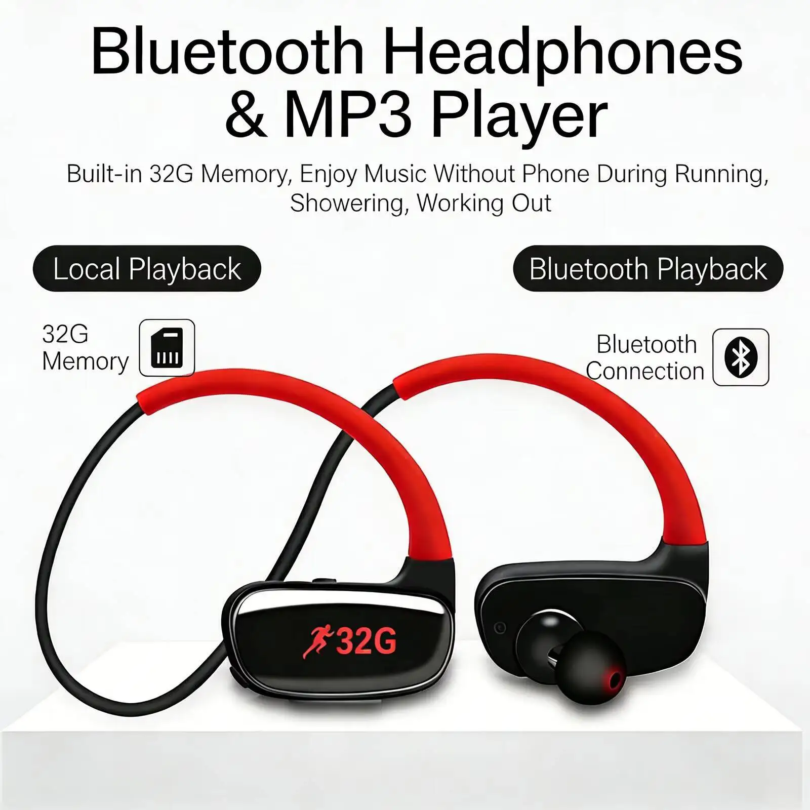 

Wireless Bluetooth Sport Headset Built-in 32G TF Card IPX7 Waterproof Long Battery Life Secure Fit Earsets for Swimming Running