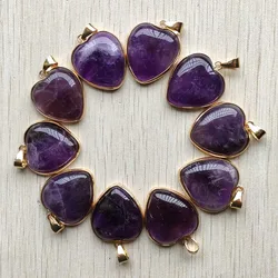 New Good quality Natural amethyst stone gold-plate side heart pendants 25mm for jewelry making free shipping wholesale 8pcs/lot