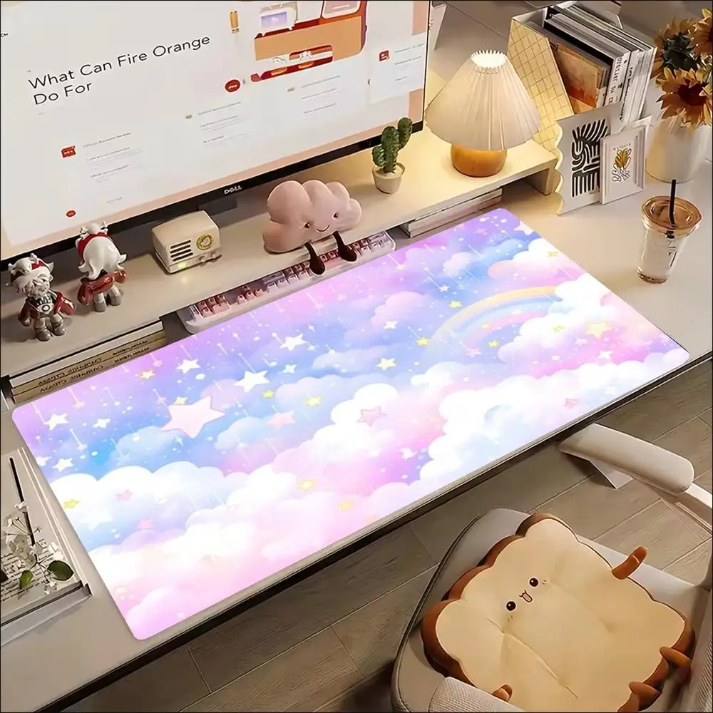 Pastel Cloud Star Mouse Pad Desk Mat Large Size Smooth Cloth Surface Non Slip Base For Girls Dorm Office