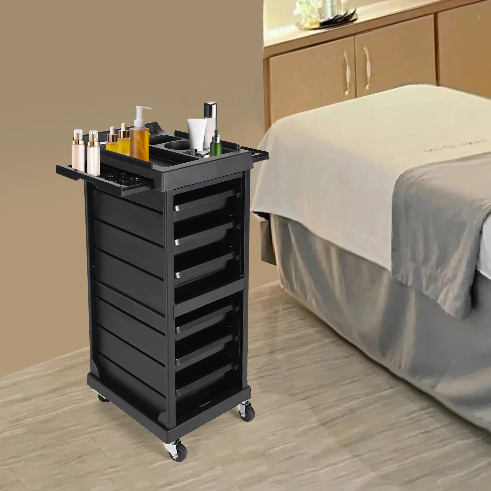 Troli Dorong Organizer Kecantikan dan Tata Rambut Hitam 7 Tingkat Rak Penyimpanan untuk Kosmetik dan Peralatan Rambut