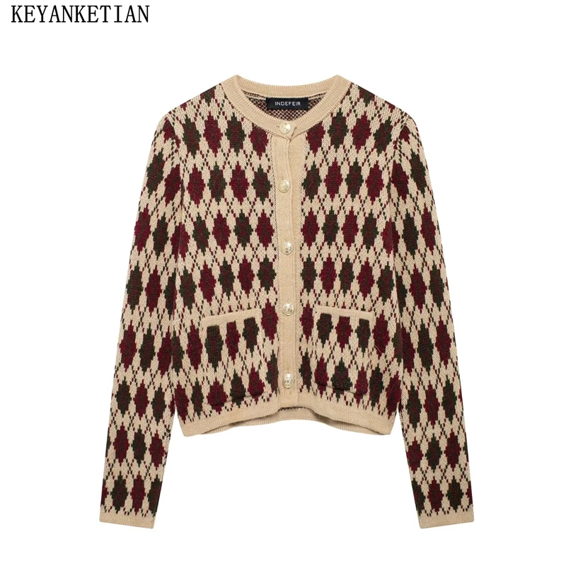 KEYANKETIAN 2024 Autumn/Winter New Women's Argyle Knit Cardigans Preppy Style O-Neck Single Breasted Pockets Straight Sweater