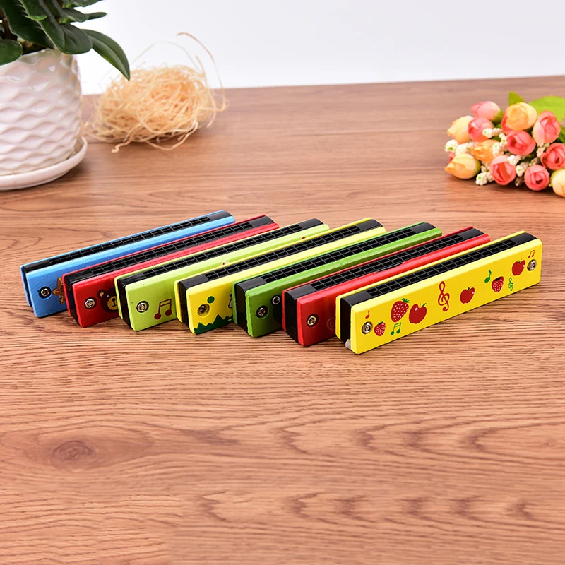 Cute Tremolo Harmonica 16 Holes Kids Musical Instrument Educational Toy Wooden Cover Colorful