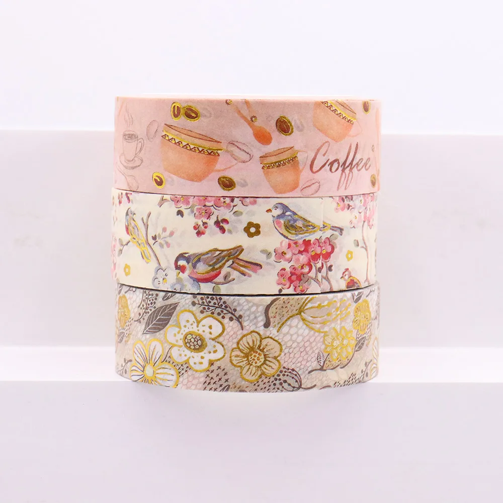 10pcs/lot 15mmx10m Gold Foil Spring Floral Butterfly Bird Coffee Masking Adhesive Washi Tape office supplies stationary stickers