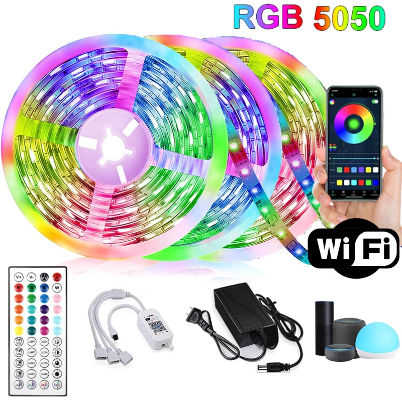 10m RGB LED Strip Lights 5050 Bluetooth WIFI Control Set Type for TV Computer Bedroom Holiday Party Supports Alexa Google