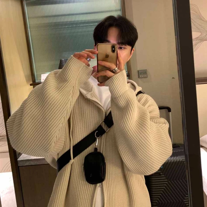 Winter pullover Strickjacke Männer warm übergroße gestrickte Kapuze Pullover Mantel Männer koreanische lose Strickjacke Pullover Herren Pullover
