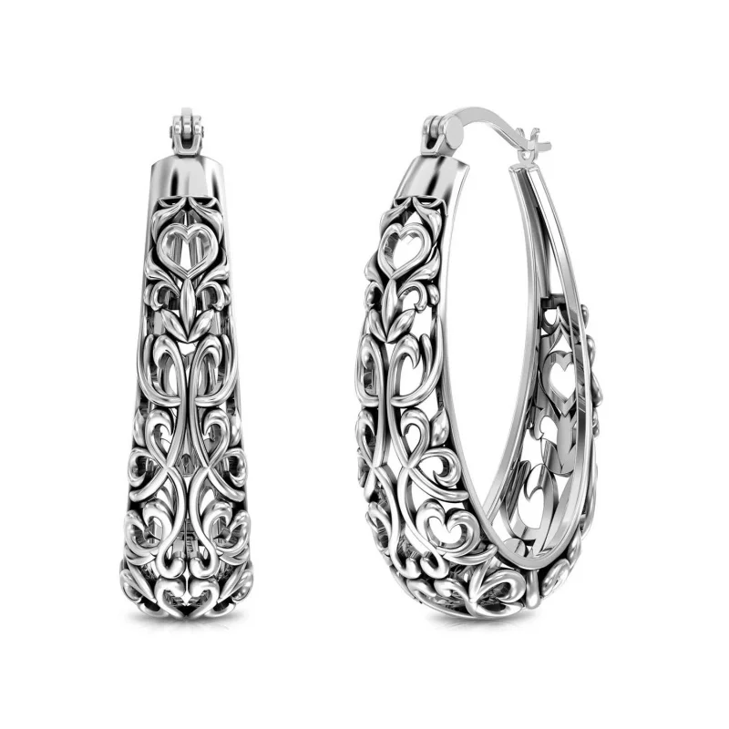 Vintage Hollow Floral Scroll Oval Hoop Earrings, Antique Silver Filigree Click Earrings, Ethnic Ladies Daily Fashion Jewelry