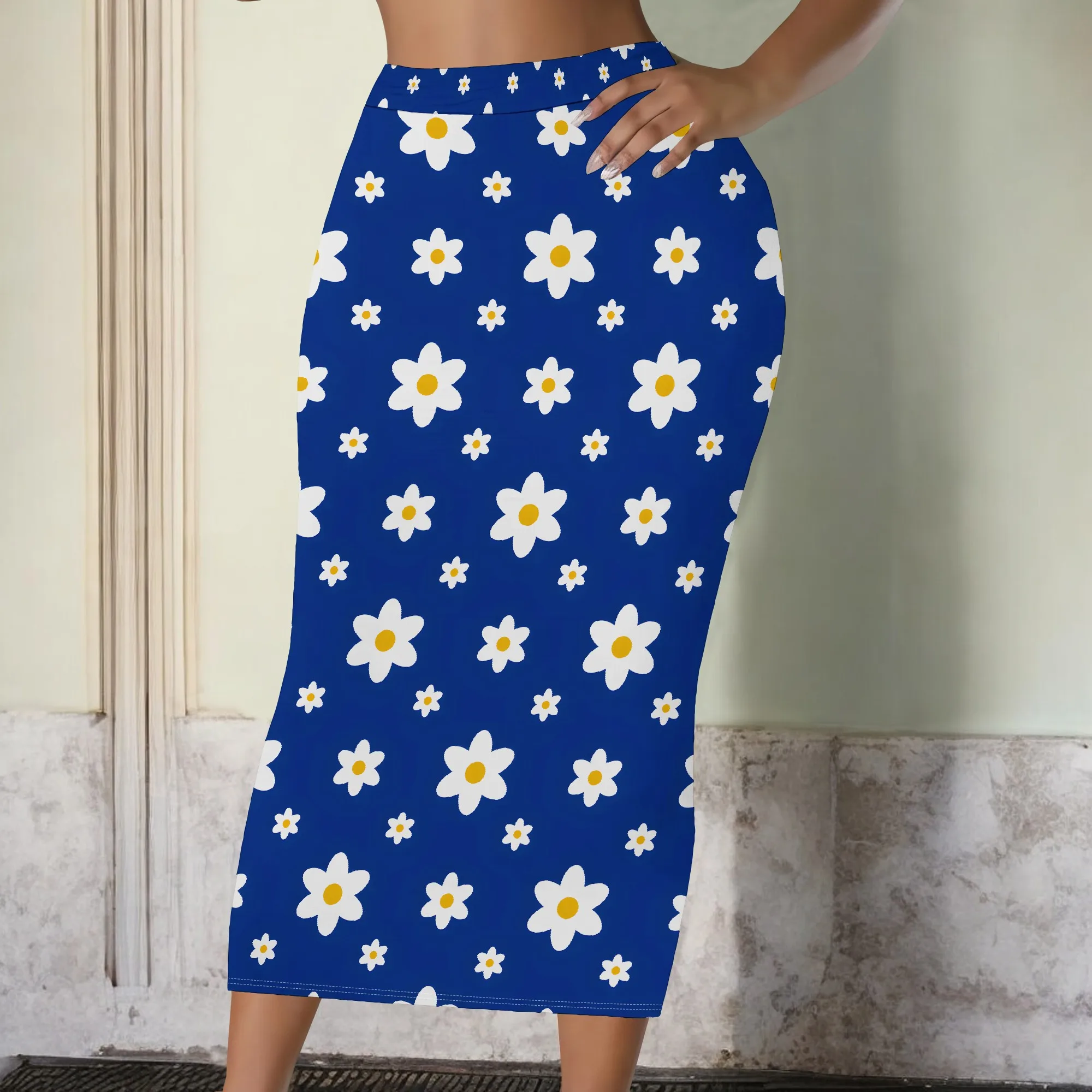 Gänseblümchen-Print, Rock, Blumenmuster, Midi-Länge, Dehnbarer Stoff, Freizeitkleidung, Büro-Outfit, S-2XL – Detail 2