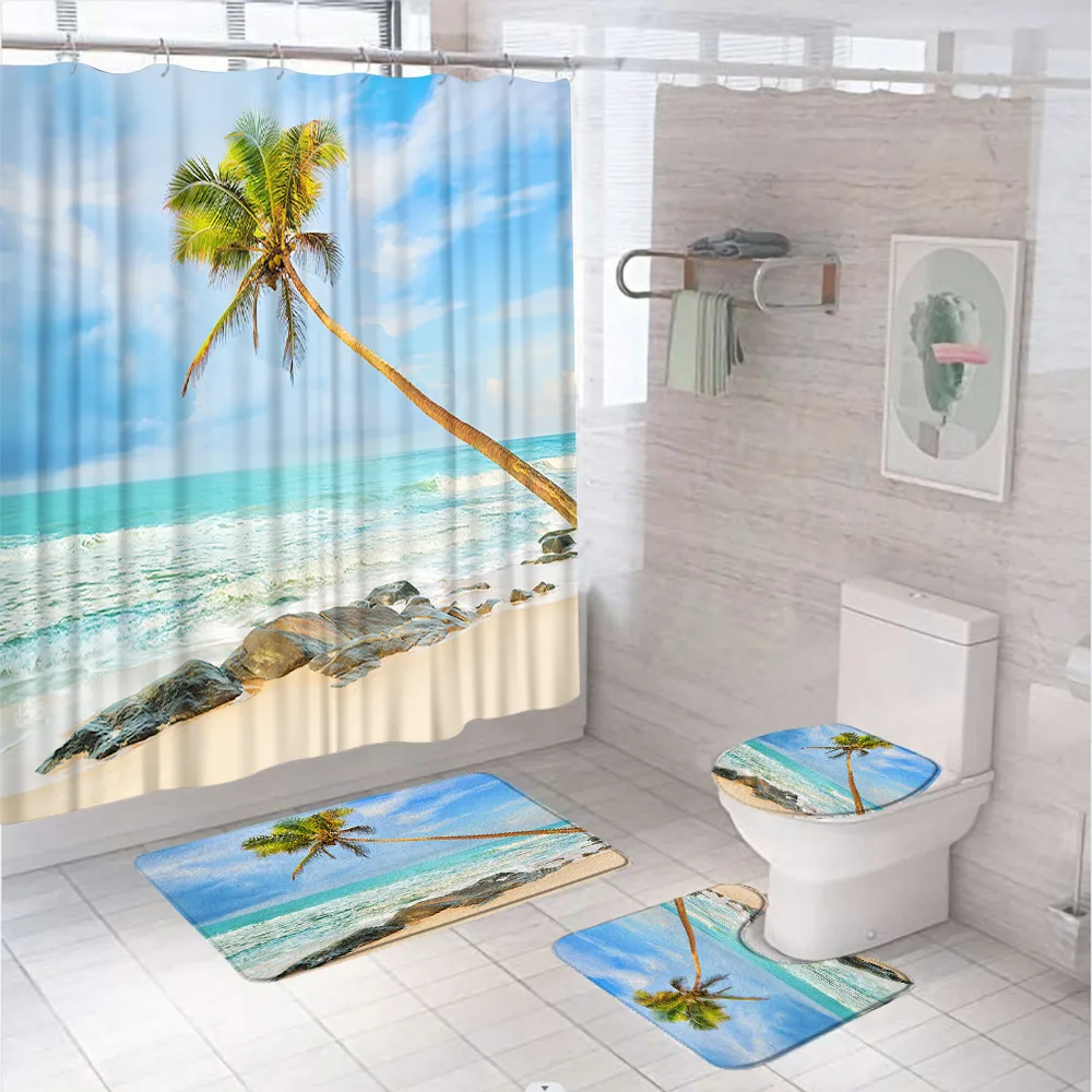 Beach Starfish Shower Curtain Set Palm Leaves Conch Hawaiian Ocean Scenery Bathroom Decor Non-Slip Rug Bath Mat Toilet Lid Cover