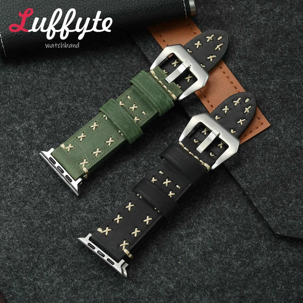 

Cowhide Leather Smartwatch Strap for Apple Watch Bands 1-10 SE Ultra 2 38/40/41/42/44/45/46/49mm Hand Stitching Watchband