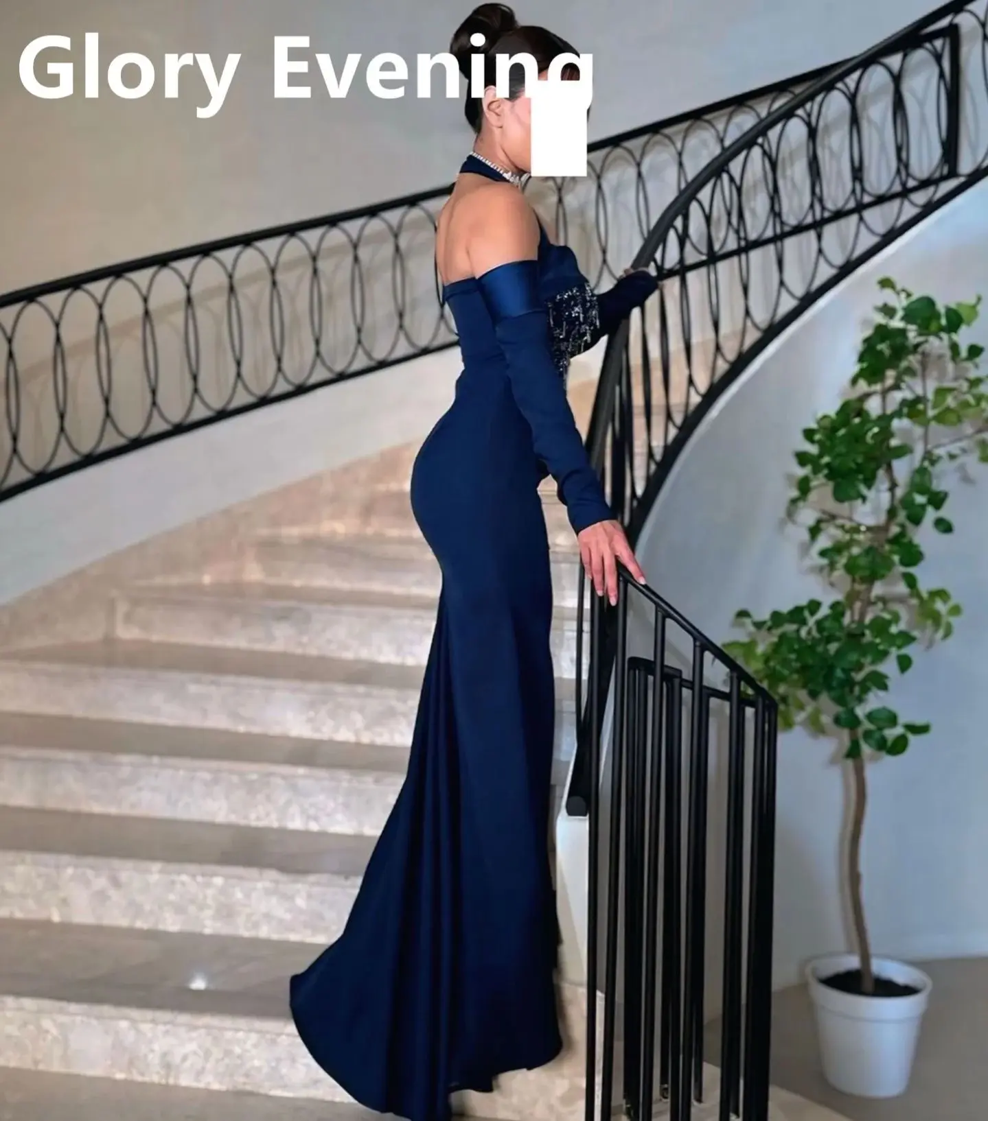 Navy Blue Sweep Train Prom Dresses Formal Dresses Evening Dress Halter Long Sleeves Crystals Saudi Arabia Mermaid Customized