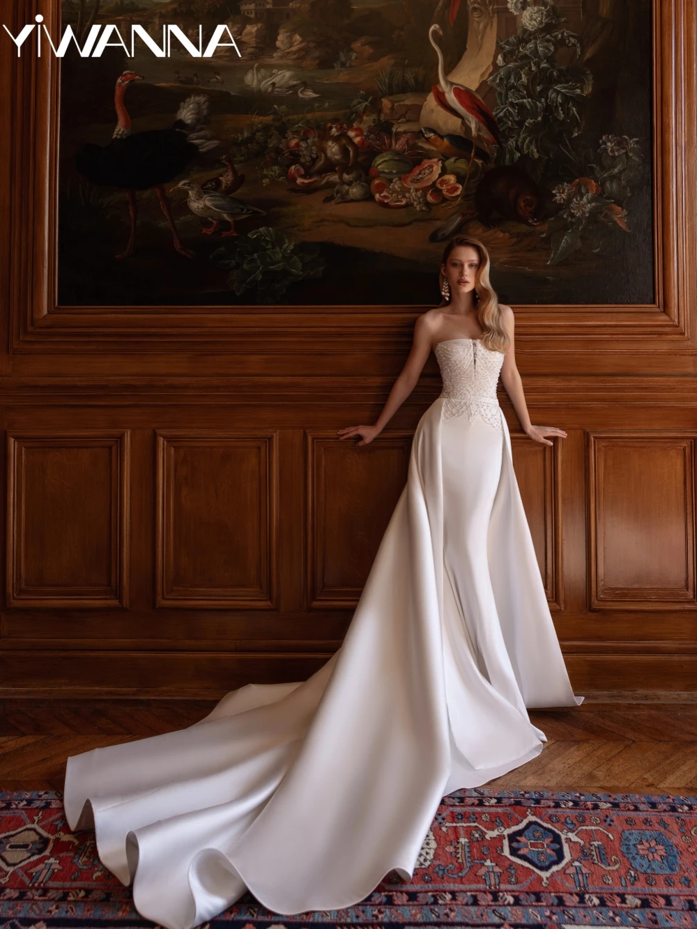 

Detachable Train Luxury Beaded Pearls Wedding Dress Dreamy Strapless Satin Bridal Gown Customized Sleeveless Dresses For Bride