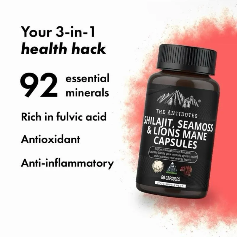 Shilajit, Seamoss, and Lion's Mane Capsules - Enhance Immunity, Increase Energy and Endurance, Relieve Stress, Improve Memory