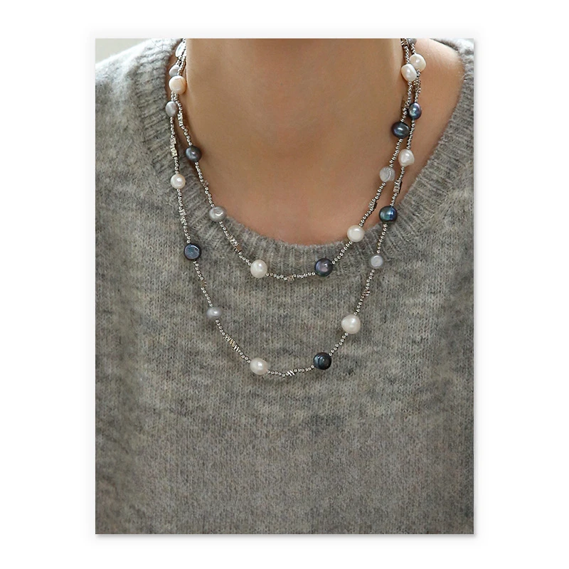 European and American fashion style irregular gray-blue natural pearl sweater chain necklace