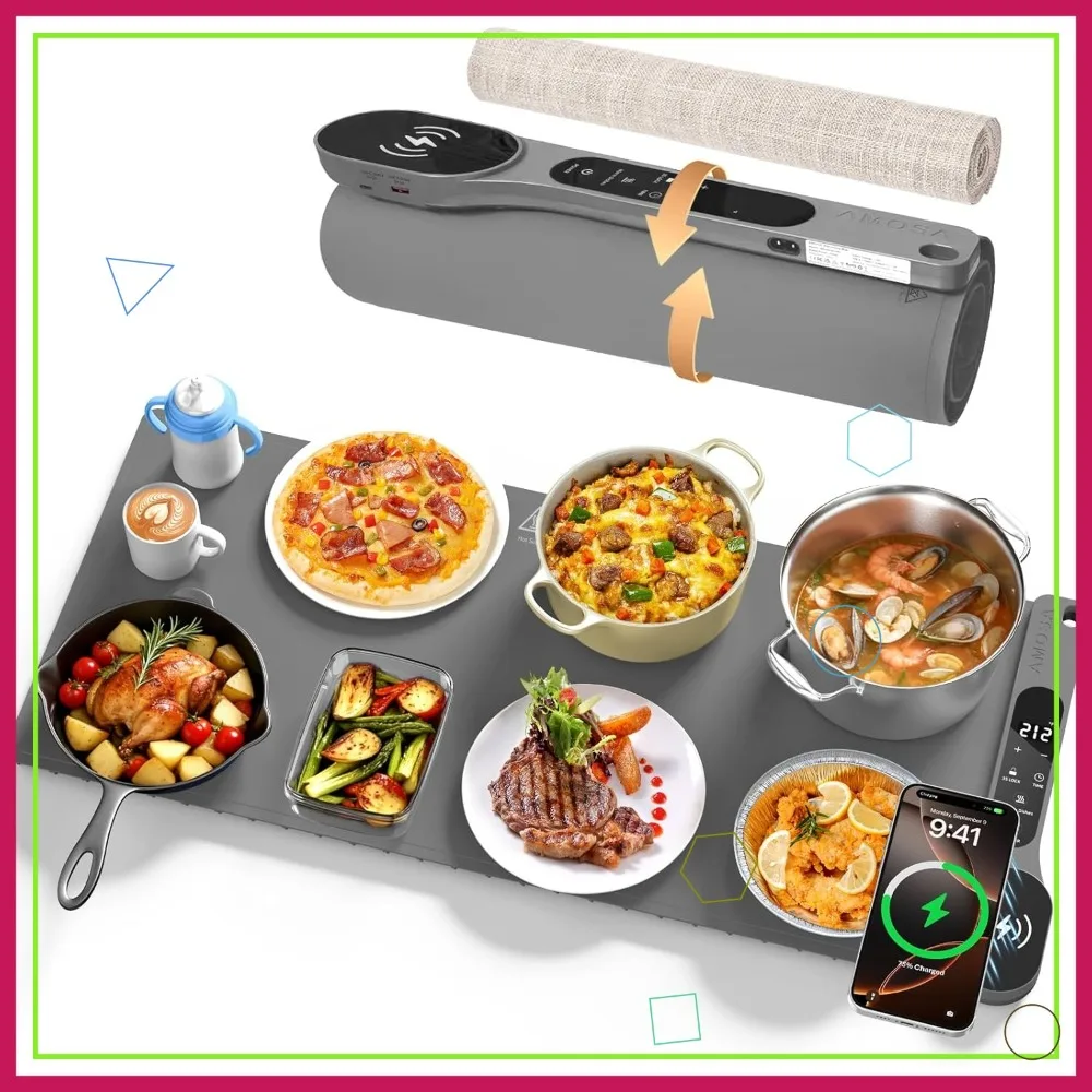 

34x15 Inch Electric Food Warming Mat with Timer, 7 Temp Settings, Fast Heating, Roll Up Storage, Grey