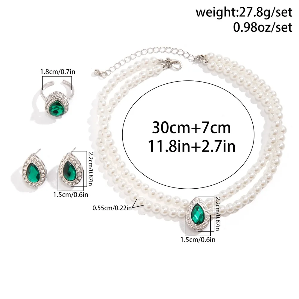 Green Crystal Pearl Pearl Necklace Earring Rings Set Double Layer Necklace Clavicle Choker Pearl Chain Beads Jewelry Accessories