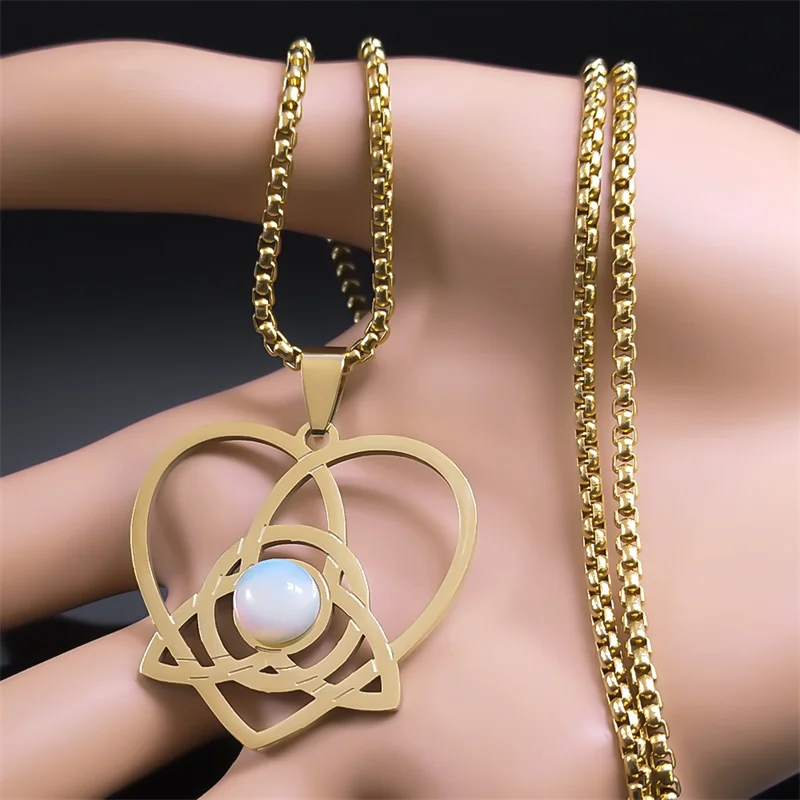 Witch Trinity Knot Heart Pendant Necklace for Women Men Silver Color Stainless Steel Celtic Triqueta Chain Irish Jewelry N8058S